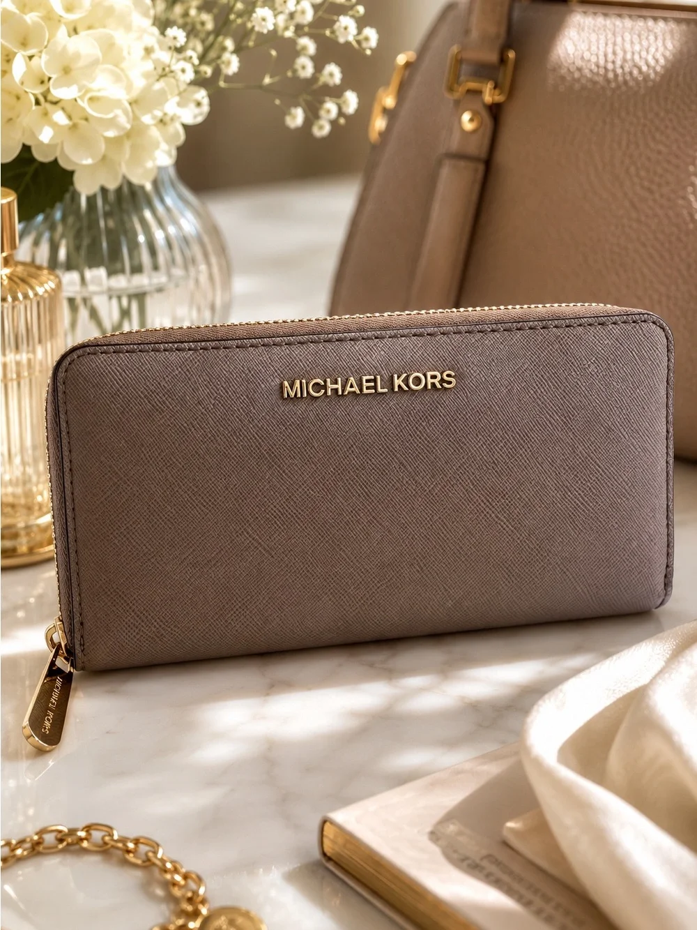 Michael Kors Jet Set Travel Saffiano Leather Zip Around Continental Wallet Taupe